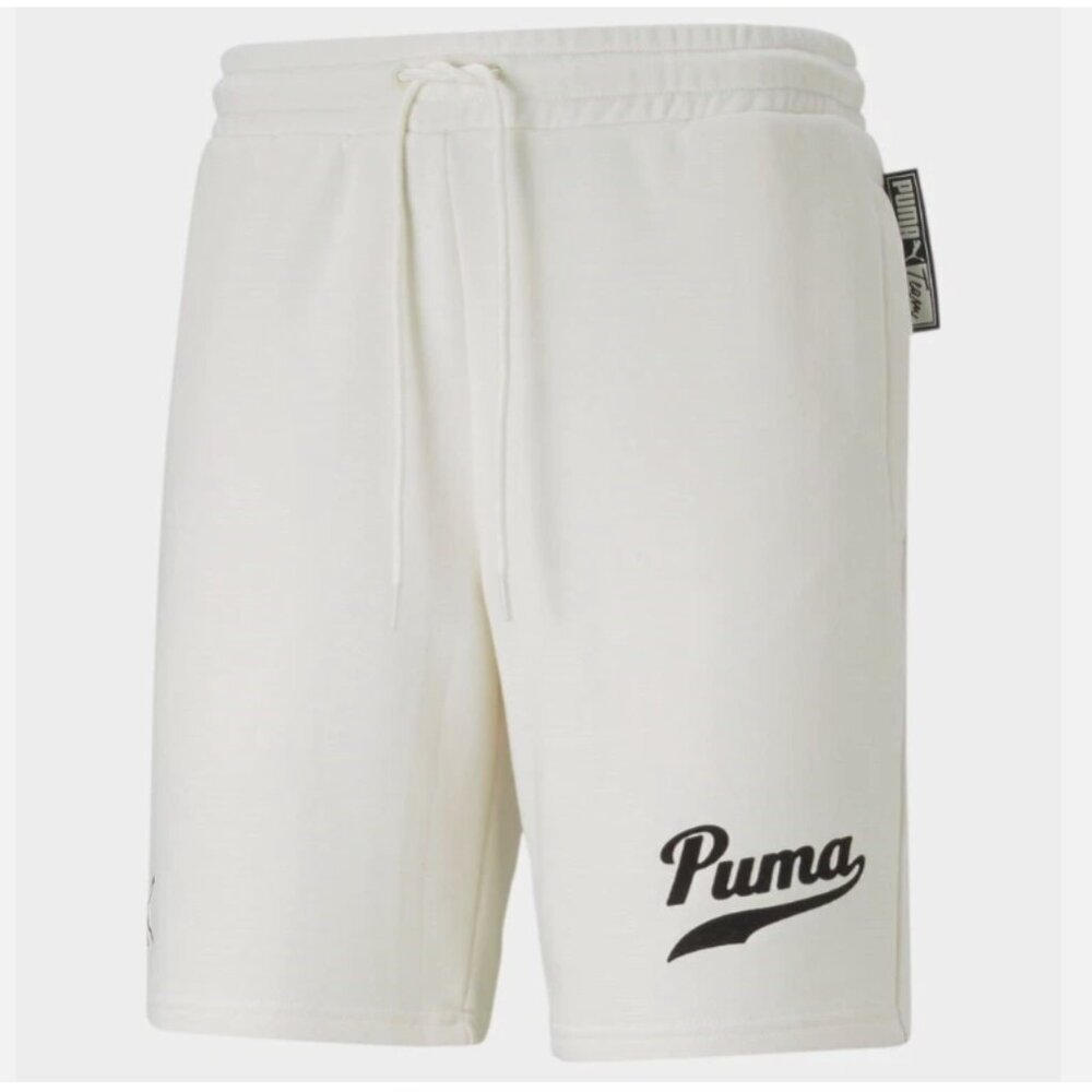 PUMA Mens Shorts Team 8 Inch Cotton Fleece Varsity Logo Pristine White 2XL